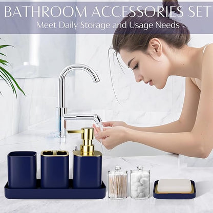 9PCS Bathroom Accessory Set, Navy Blue Bathroom Set with Large-Capacity 4 Gallon Trash Can, Bathroom Accessories Set Complete Toothbrush Holder, Soap Dispenser, Toilet Brush, Bathroom Decor