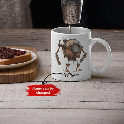 Steampunk Robot Coffee Mug With Custom Name, Customized Mechanical Themed Design Ceramic Cup, Steampunk Enthusiasts White Cup 11oz Or 15oz, Personalized Mug Gift For Daughter Son