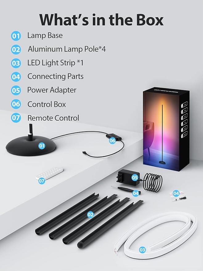 Corner Floor Lamp, Smart RGB LED Corner Lamp with App & Remote, Modern Floor Lamp with 16 Million Colors, Music Sync, Scene Modes, Color Changing Standing Lamps for Living Room, Bedroom