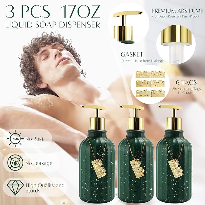 17PCS Bathroom Accessory Set Bathroom Set Hunter Green Bathroom Accessories,Toilet Brush, Trash Can, Qtip Holder Dispenser& 3PCS Soap Dispenser