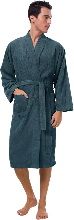 SIORO Mens Robe Terry Cloth Kimono Bathrobe Cotton Soft Shower Towel Bath Robes Calf Length Housecoat for Spa Hotel Hot Tub