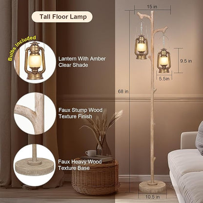 Scenekoy Vintage 68” Tall Floor Lamp with Lanterns, Retro Standing Lamp Tree Trunk Finish & Resin Body, Rustic Dimmable Corner Lamp Stand Up Light with Bulb Prefer for Living Room Bedroom Home Decor