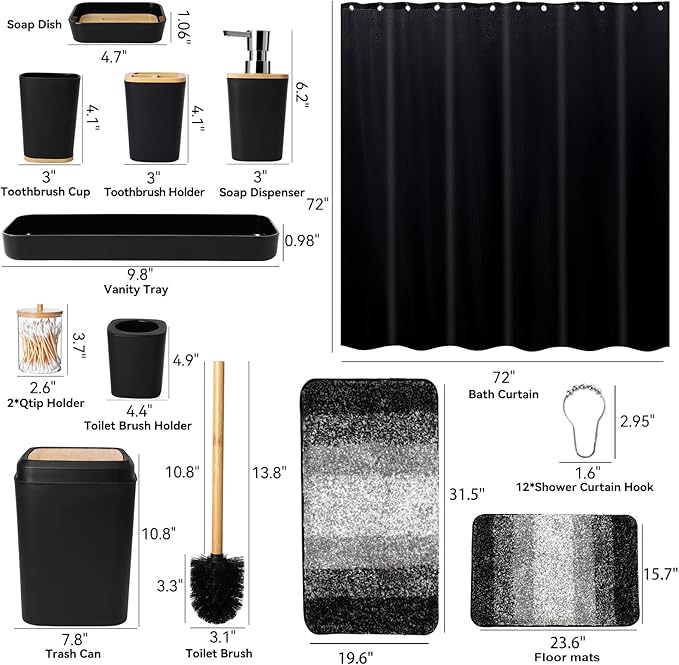 24PCS Bathroom Sets with Shower Curtain and Rugs,Black Bathroom Accessories Set Waterproof Black and White Shower Curtain Set, Toilet Brush, Trash Can & Bathroom Rug