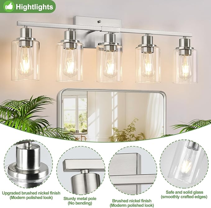5-Light Bathroom Light Fixtures, Brushed Nickel Bathroom Vanity Light with Clear Glass Shades, Modern Bathroom Wall Lamp for Mirror Living Room Cabinet Bedroom Porch