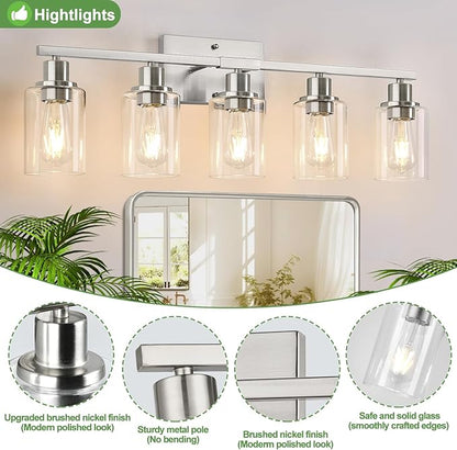 5-Light Bathroom Light Fixtures, Brushed Nickel Bathroom Vanity Light with Clear Glass Shades, Modern Bathroom Wall Lamp for Mirror Living Room Cabinet Bedroom Porch