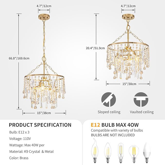 3-Lights K9 Crystal Chandeliers, Luxury Vintage Pendant Light Fixture for Dining Room, Living Room, D15*H20.4~66.8 inch (Adjustable), Clear Crystal & Gold Finish