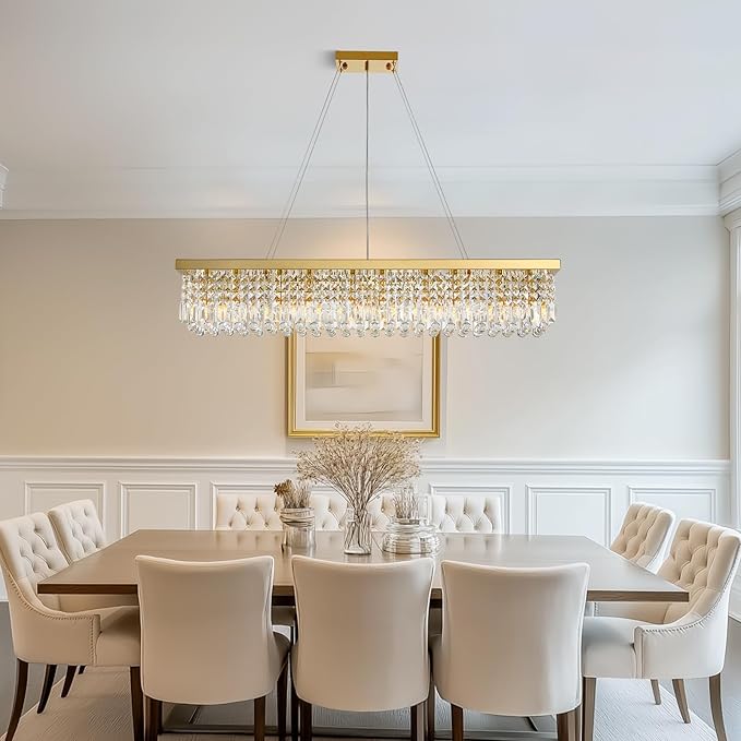 10 Lights Modern Crystal Chandelier, Gold K9 Rectangle Rectangular Chandeliers,Luxury Flush Mount Pendant Ceiling Light for Dining Room Kitchen Island L47''xW10''xH10''