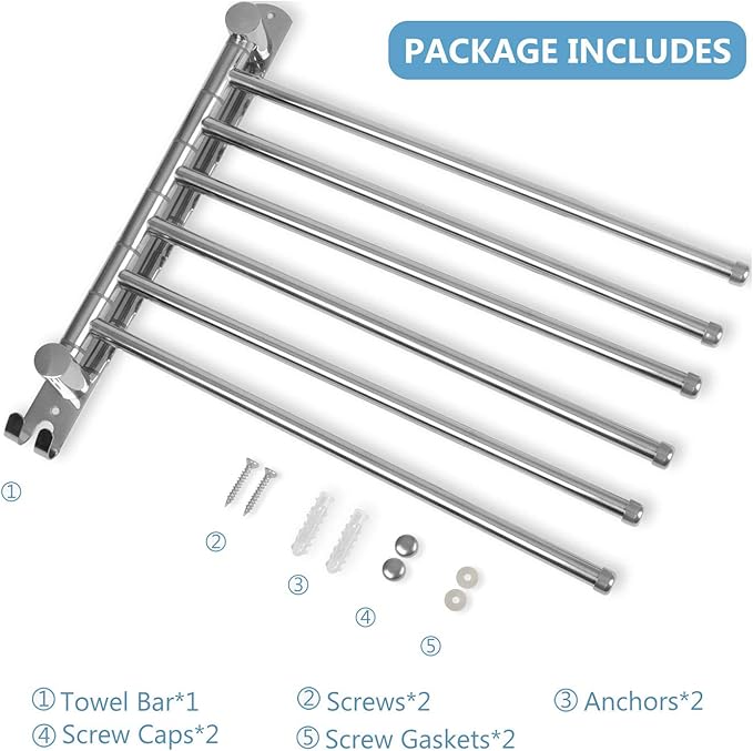 Towel Rack Wall Mounted JSVER Bathroom Towel Rack, Space Saving Towel Holder, 13.4 Inches Swivel SUS304 Stainless Steel Towel Bar, 180° Rotation 6 Arms Towel Racks for Bathroom