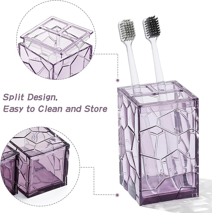 Clear Acrylic Bathroom Accessories Set - Rust-Free, Transparent Design - Includes Soap Dispenser, Toothbrush Holder, Cup, Soap Dish, and Toilet Brush 5-Piece (Lavender Purple)
