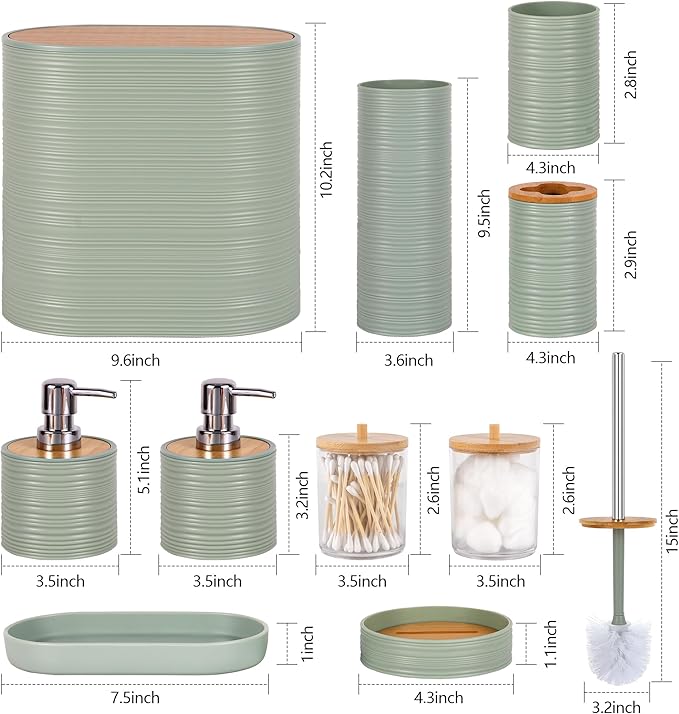 Bathroom Accessory Set,10 PCS LightGreen Bathroom Set with Trash Can,Toothbrush Holder,Soap Dispenser,Toothbrush Cup,Vanity Tray,Soap Dish,Toilet Brush,Qtip Holders
