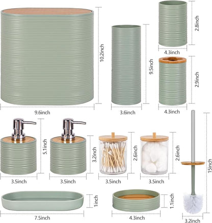 Bathroom Accessory Set,10 PCS LightGreen Bathroom Set with Trash Can,Toothbrush Holder,Soap Dispenser,Toothbrush Cup,Vanity Tray,Soap Dish,Toilet Brush,Qtip Holders