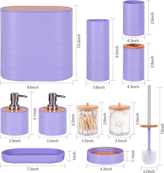 Bathroom Accessory Set,10 PCS Purple Bathroom Set with Trash Can,Toothbrush Holder,Soap Dispenser,Toothbrush Cup,Vanity Tray,Soap Dish,Toilet Brush,Qtip Holders
