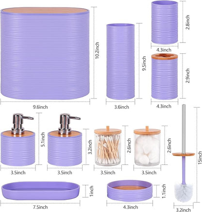 Bathroom Accessory Set,10 PCS Purple Bathroom Set with Trash Can,Toothbrush Holder,Soap Dispenser,Toothbrush Cup,Vanity Tray,Soap Dish,Toilet Brush,Qtip Holders
