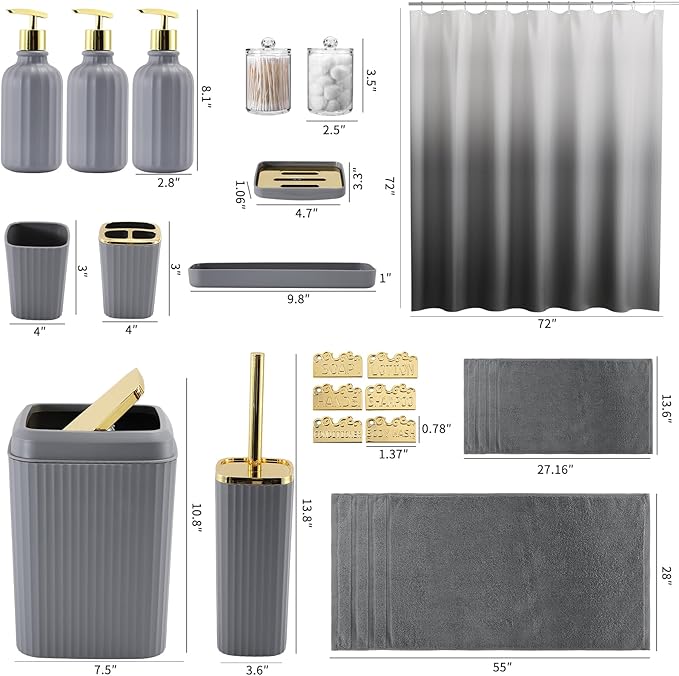 32PCS Bathroom Accessories Set Bathroom Set,Grey Shower Curtain Set,Bath Towel Set,Hand Towel,Toilet Brush,Trash Can & 3PCS Soap Dispenser