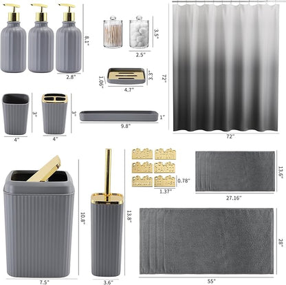 32PCS Bathroom Accessories Set Bathroom Set,Grey Shower Curtain Set,Bath Towel Set,Hand Towel,Toilet Brush,Trash Can & 3PCS Soap Dispenser