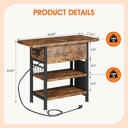 End Table with Charging Station, Flip Top Nightstand with USB Ports and Outlets, Couch Side Table with Fabric Bag and Hooks, Bedside Table for Space Saving, Living Room, Bedroom (Rustic Brown)