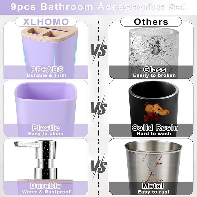 Purple Bathroom Accessories Set, 9 Piece Purple Bathroom Accessory Set with Trash Can,Toothbrush Holder,Toothbrush Cup,Lotion Soap Dispenser,Vanity Tray,Soap Dish,Toilet Brush,Qtip Holder