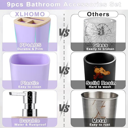 Purple Bathroom Accessories Set, 9 Piece Purple Bathroom Accessory Set with Trash Can,Toothbrush Holder,Toothbrush Cup,Lotion Soap Dispenser,Vanity Tray,Soap Dish,Toilet Brush,Qtip Holder