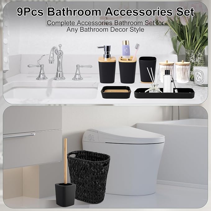 Black Bathroom Accessories Set with Wicker Trash Can, Black Bathroom Accessories Set Bathroom Sets Small Waste Basket Bathroom Trash Can for Bedroom Bathroom