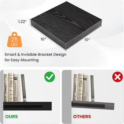 Square Floating Shelves for Wall, 10" W x 10" D x 1.2" H, Small Wooden Wall Mounted Display Shelves with Invisible Brackets for Living Room, Bedroom, Bathroom, Kitchen Decor, Set of 4, Black