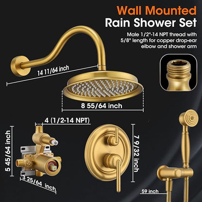 Antique Rainfall Shower System Bathroom Luxury Rain Mixer Shower Faucet Set with Pressure Balance Valve, Shower Combo Set with Rain Shower Head and Vintage Handheld Spray 9 inch Brushed Gold