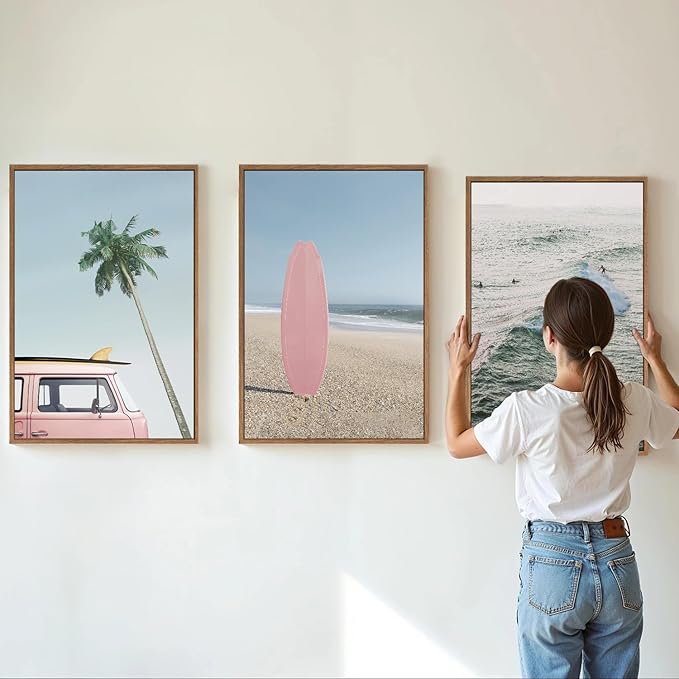 Tinonedraw Large Ocean Beach Framed Canvas Wall Art, Summer Coastal Surfboard Wall Decor, Palm Tree Pink Car Artwork, Modern Surfing Seascape Art Prints for Living Room Bedroom Office 24"x36"x3