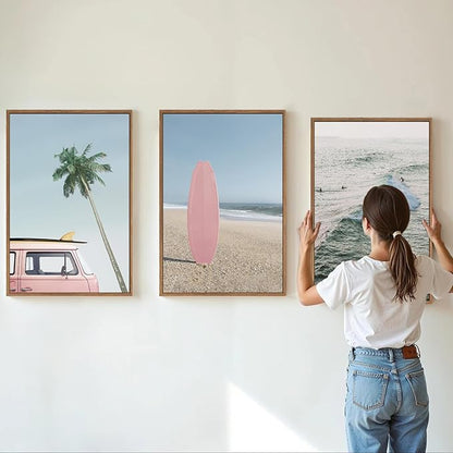 Tinonedraw Large Ocean Beach Framed Canvas Wall Art, Summer Coastal Surfboard Wall Decor, Palm Tree Pink Car Artwork, Modern Surfing Seascape Art Prints for Living Room Bedroom Office 24"x36"x3