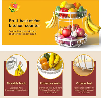 2 Tier Fruit Basket for Kitchen Counter with 2 Banana Hangers, Metal Stackable Fruit Bowl for Kitchen Counter for Bread Vegetable Fruits, Silvery