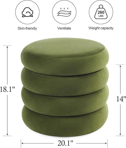 ONEVOG Round Storage Ottoman, 20" Small Ottomans Table with Removable Lid, Velvet Fabric Soft Footrest Stool for Couch, Upholstered Stuffed Circle Seat for Livingroom/Bedroom/Dorm/Vanity, Olive Green