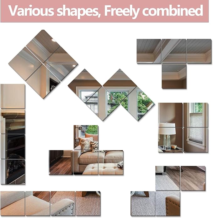 Unbreakable Full Length Wall Mirror,The Door Mirror,4Pack 13.5''x13.5'',Acrylic Mirror Kids,Shatterproof Plexiglass Long Mirrors for Bedroom Closet,Children Non Glass Stick on Mirrors