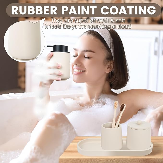 Beige Bathroom Accessories Set - 4 Pcs Bathroom Accessory Sets with Toothbrush Holder,Lotion Soap Dispenser,Qtip Holder Dispensr & Vanity Tray,Bathroom Countertop Vanity Oganizer - Beige