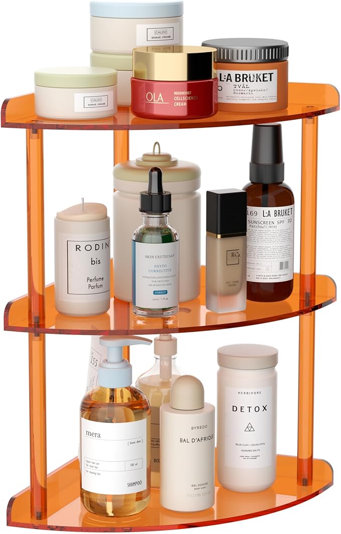 3 Tier Acrylic Corner Shelf Organizer Storage 9.5x9.5x15.7 Inch, Orange Countertop Corner Shelf for Bathroom, Kitchen, Bedroom, Office, Study Room