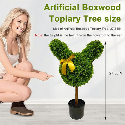 2 Pcs Artificial Bunny Shaped Topiary Trees, Artificial Green Boxwood Bunny Decorations with Gold Bow, Perfect for Indoor & Outdoor Front Porch, Easter& Garden Decor (Bunny Shaped Topiary Tree)