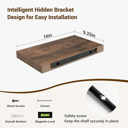 16 Inch Floating Shelves, 16"x9.25"x1.5" Inch Deep Floating Shelves for Wall, Wooden Shelves for Bathroom, Bedroom, Living Room, Brown, 2 Pieces