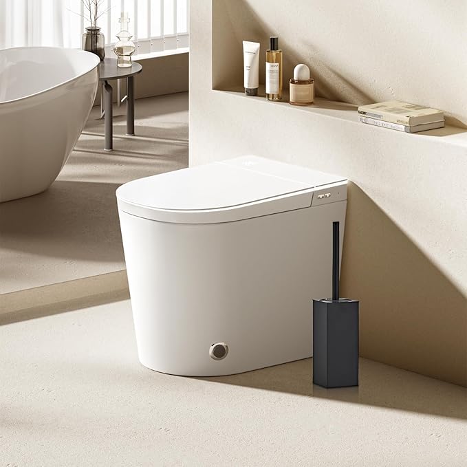 Toilet Brush and Holder Set, NEWRAIN Stainless Steel Toilet Brush with Long Brush Handle, Matte Black Toilet Scrubber and Covered Holder, Square Design Sturdy and Space Saving