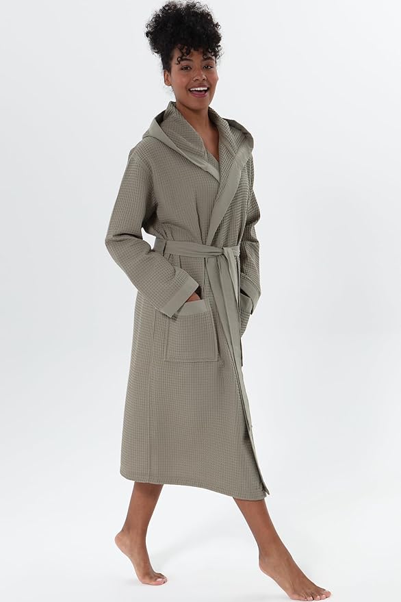 Women’s Luxury Waffle Shawl Collar, Hooded Robe w Piping – Lightweight, Long, Ultra Soft Spa Sleepwear Bathrobe