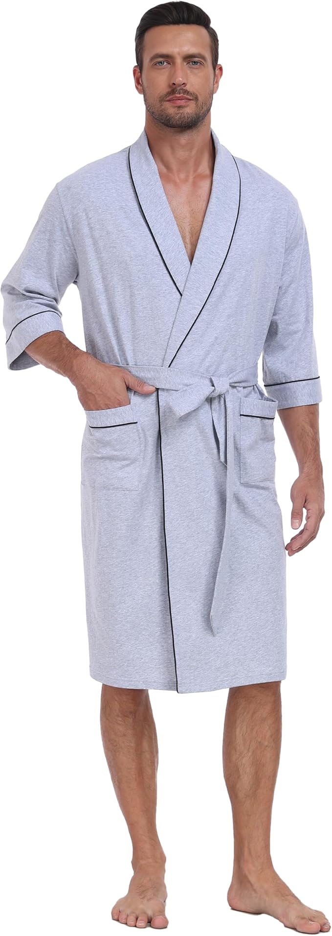 CF Men's Robe Cotton Bathrobe Soft Short Sleeve Bath Robes Shower Robe for Spa Soft Kimono Lightweight Sleepwear with Pockets