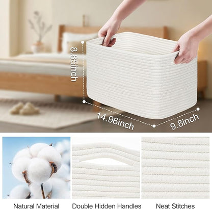 3-Pack Shelf Baskets for Organizing, Woven Storage Basket for Shelves, Cotton Rope Storage Bins for Toys Books, Nursery Towel Baskets for Classroom, 14.96"X9.8"X8.85", White