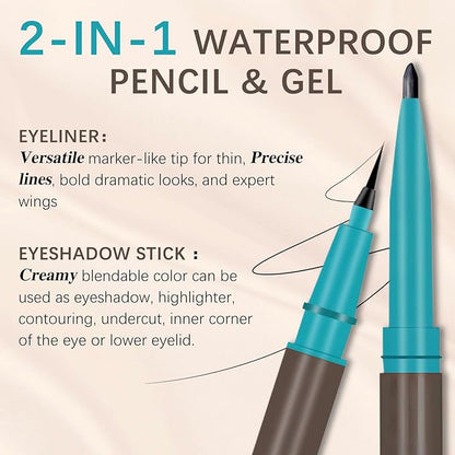 Waterproof Liquid Eyeliner and Contour Stick 2-in-1|Under Eye Highlighter Stick & Stay All Day Makeup with Fine Brush|Smudge-Proof, Transfer-Proof(02Brown & Dark Brown)