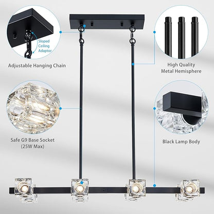 XINGQI Modern Chandeliers for Dining Room Over Table, 8-Light Rectangular Kitchen Island Light Fixture, Linear Farmhouse Metal Glass Black Vintage Hanging Lamp for Living Room Bar