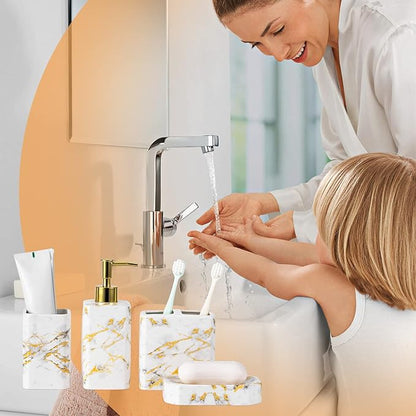 4 Piece Bathroom Accessories Set - White Bathroom Accessory Sets Includes Lotion Dispenser, Toothbrush Holder Tumbler, and Soap Dish - Glossy Finish (Marble, White)