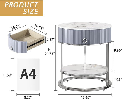 OIOG Modern End Table with Drawer, 2 Tier Side Table with Shelf, Round Nightstand with Sintered Stone Tabletop and Chrome Legs for Living Room, Bedroom, Home Office, Dorm, Silver