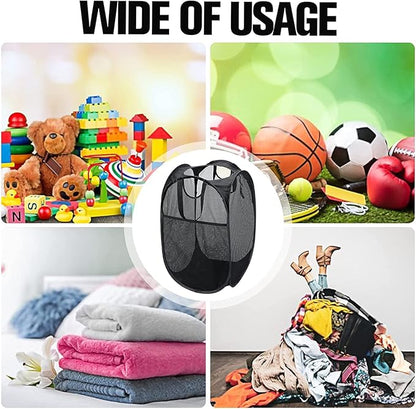 AQQA 9 Pcs Mesh Popup Laundry Hamper Set, Black/White/Blue, Durable Handles, Foldable, Sturdy Mesh Construction, Ideal for Kids, Teens, Adults, College Dorm, Camping, Hotel, Travel