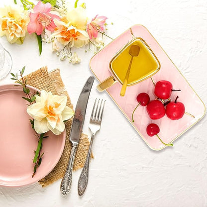 Zubebe 2 Sets Coffee Mug Elegant Handbag Shaped Cup Modern Ceramic Purse Mug with Spoon and Saucer, 10oz Cute Creative Tea Cup for Office Home Woman Girls Gift (Pink)