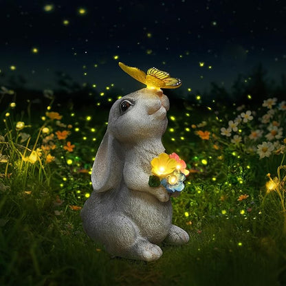 Solar Bunny Statues Light with Butterfly LED - Auto On/Off Weathproof Resin Garden Figurine Decor Gift for Pathway, Patio & Mom's Flower Bed (Warm Light)