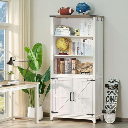 70in Tall Bookshelf 5 Tier Bookcase with Barn Doors and Storage Cabinet, White Farmhouse Book Shelf with Adjustable Shelves, Wood Freestanding Display Bookshelves for Bedroom, Kitchen (3PCS)
