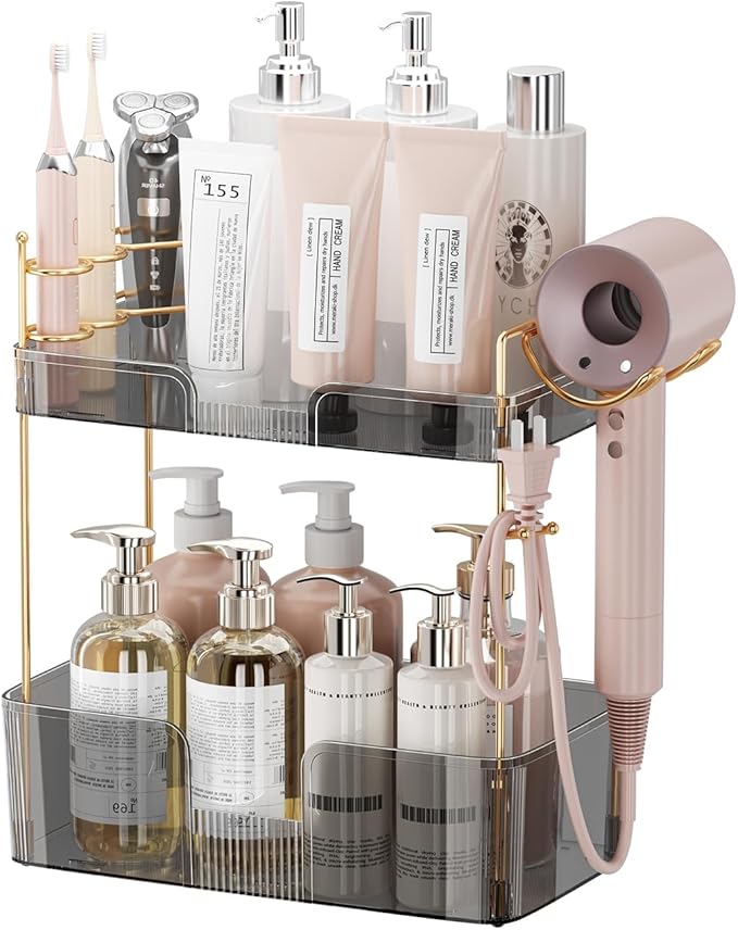 Bathroom Counter Organizer with Hair Dryer Holder, Hair Tool Countertop Storage, Cosmetics Skincare Shelf Organizer, Makeup Organizer Perfume for Dresser Vanity Tray(2 Tier-Grey)