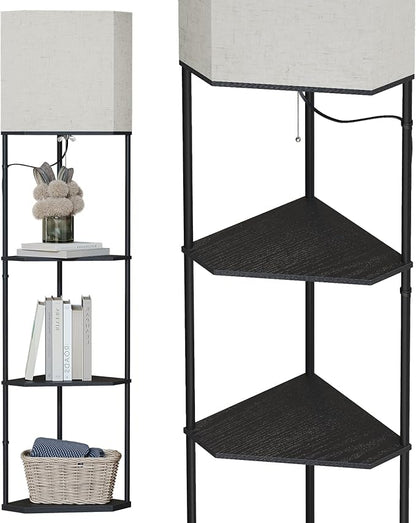 SUNMORY Sector Corner Shelf Lamp 3 Color Temperatures LED Bulb,Corner Lamps with Linen Lampshade, Floor Lamps for Living Room, Bedroom, Study, Black Standing Lamp with Shelves