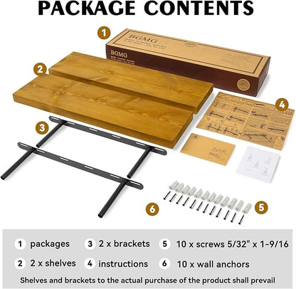 BGMG Wood Floating Shelves for Wall 24 inch Set of 2, Rustic Wooden Wall Mount Shelves for Living Room Bedroom Kitchen Farmhouse-24x6.7x1.25 inch- Gold Oak