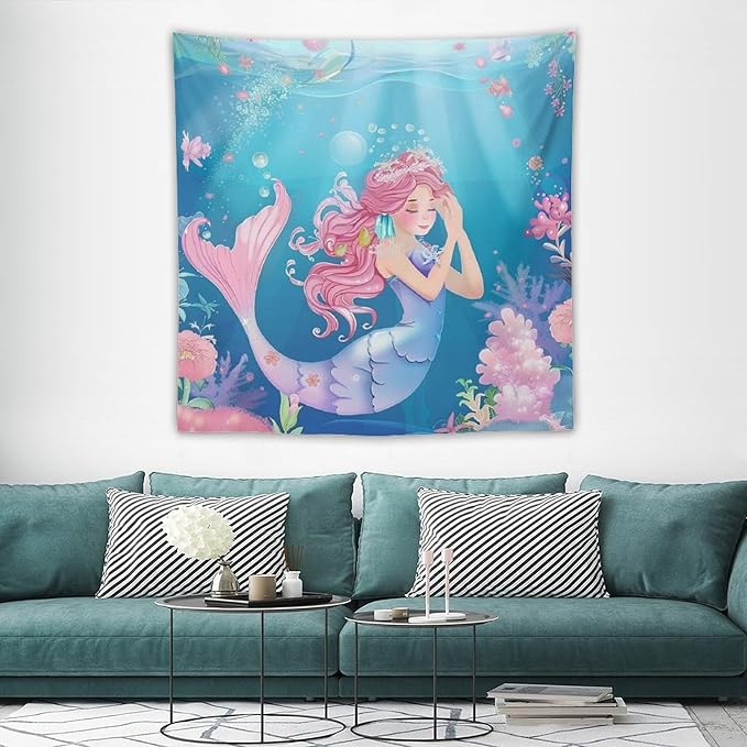 HZOHNAGO Mermaid Girls Tapestry Watercolor Flowers Mermaid Princess Blessing Pattern for Kids Room Decoration Printed Wall Tapestry Wall Hanging for Bedroom Living Room Dorm 60" W x 60" H